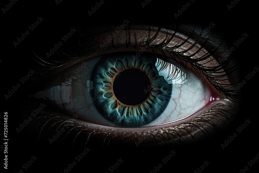 A demonic dark eye in the web looks at you. halloween. scary eye on black background. generative AI