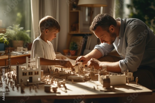 Family and childhood concept. A boy and a man play with legos. Father and son with a constructor. Dad and child build with plastic cubes