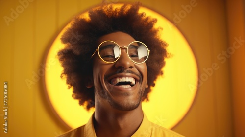 Portrait of a carefree black guy wearing a T-shirt and sunglasses on a yellow studio background. Cheerful African American man having fun on summer vacation and feeling happy