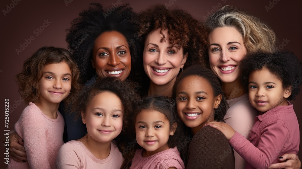 young pretty asian, caucasian, afro woman posing cheerfully together on brown background, lifestyle concept of people of different nationalities. portrait of women