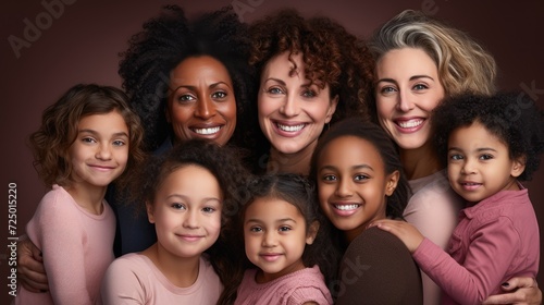 young pretty asian, caucasian, afro woman posing cheerfully together on brown background, lifestyle concept of people of different nationalities. portrait of women