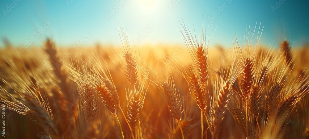 Close-up of golden wheat ears. Harvest concept. Endless wheat field on late summer morning time, backlight by the rising sun. Creative background, shallow depth of the field. Close-up of golden wheat ears. Harvest concept. Endless wheat field on late summer morning time, backlight by the rising sun. Creative background, shallow depth of the field.