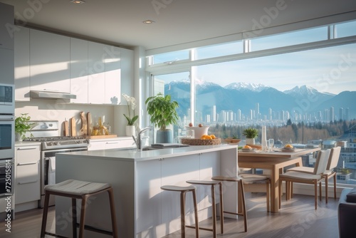 luxury interior design of a modern trendy kitchen in a minimalist style with an island and bar stools. huge floor-to-ceiling windows and a glass shelf for dishes with stunning views