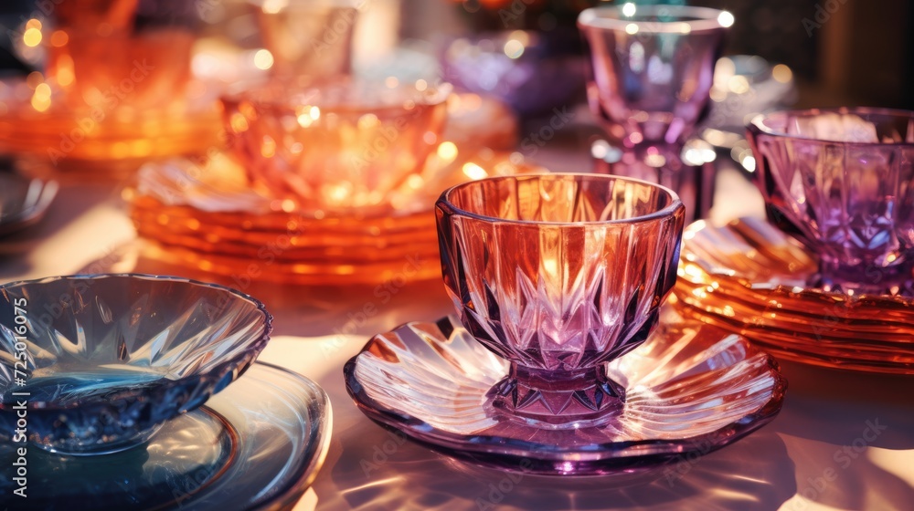 transparent glass retro dish colorful tableware, ai