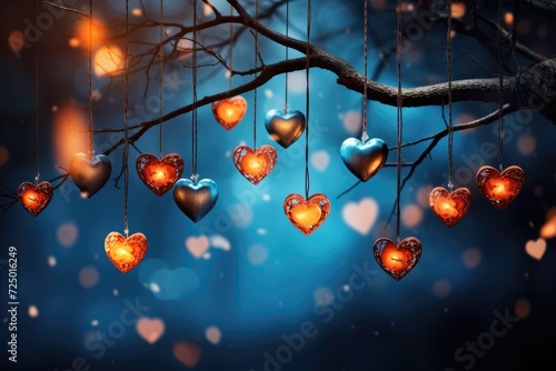 Decorative glass hearts hanging on a tree. Valentine s Day. banner background with hearts.