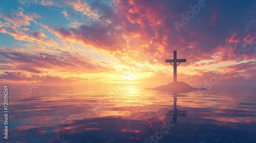 spirituality with a religious cross on Mount Calvary against a bay sunrise sky.