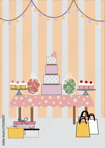 a birthday table decor with cakes and cupcakes , set of bags as well as gifts , special day. 