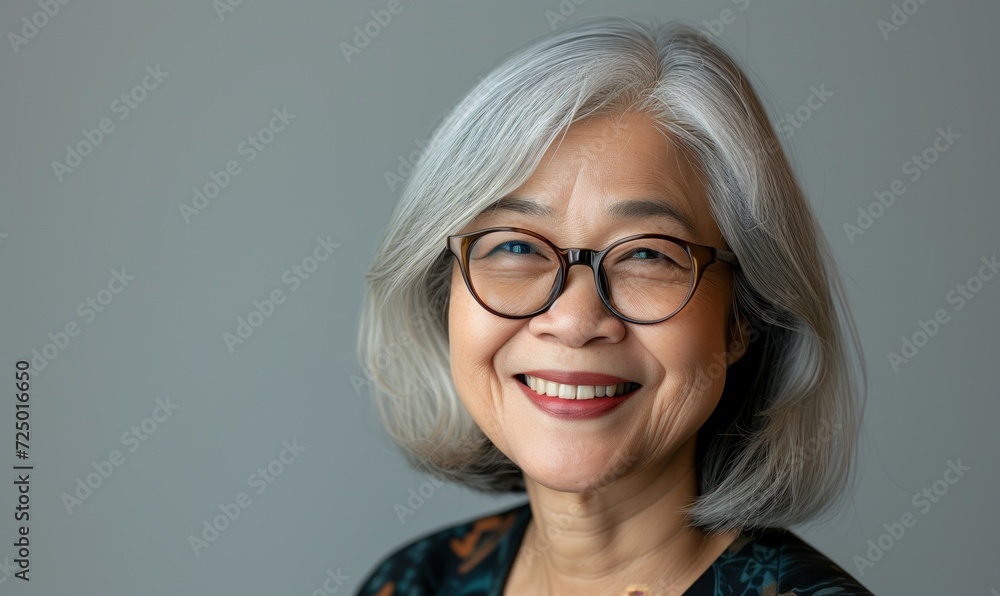Head shot happy asian senior woman in glasses - millennial old woman with healthy white toothy smile looking at camera Head shot happy asian senior woman in glasses - millennial old woman with healthy white toothy smile looking at camera