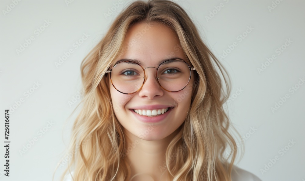 Head shot happy portrait caucasian young woman in glasses satisfied with ophthalmology services - millennial blonde with healthy white toothy smile