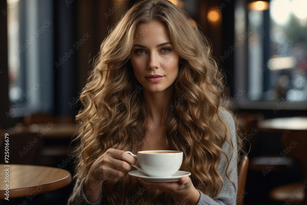 Beautiful woman with very long, wavy blonde hair sitting in a cafe and looking at the camera with a cup of coffee in her hand. Beautiful woman with very long, wavy blonde hair sitting in a cafe and looking at the camera with a cup of coffee in her hand.