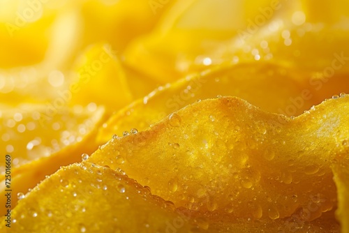 Zoomed shot of thin potato chips showing texture. Yellow salted potato chips as a food background. Close-up.