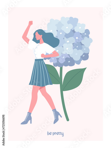 Beautiful spring illustration with girl and flower. Vector design for cards and other uses