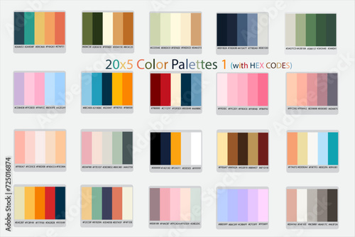 20x5 Color Palettes 1 with Hex Codes Vector, Discover 20 Sets of Vibrant Vector Color Palettes - 5 Unique Colors Each for Stylish Designs: Light, Dark, Vintage, Retro Inspirations, New