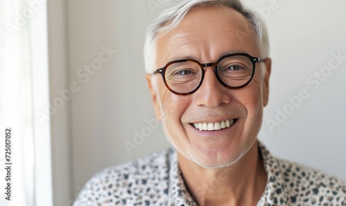 Happy senior caucasian man in glasses having wide charming smile stand alone indoor pose for camera