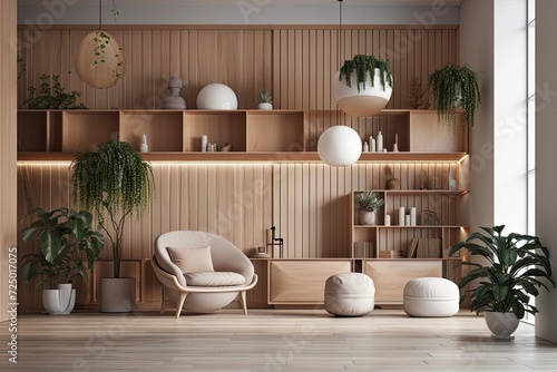 Interior design of a modern room with a pouf, bookcases, plants, and chairs © Vusal