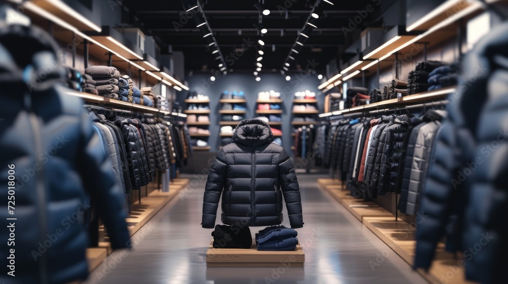 Fototapeta premium Large empty stand mockup for advertising in a store with men's jackets