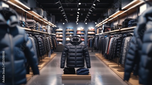 Large empty stand mockup for advertising in a store with men's jackets