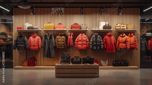 Large empty stand mockup for advertising in a store with men's jackets