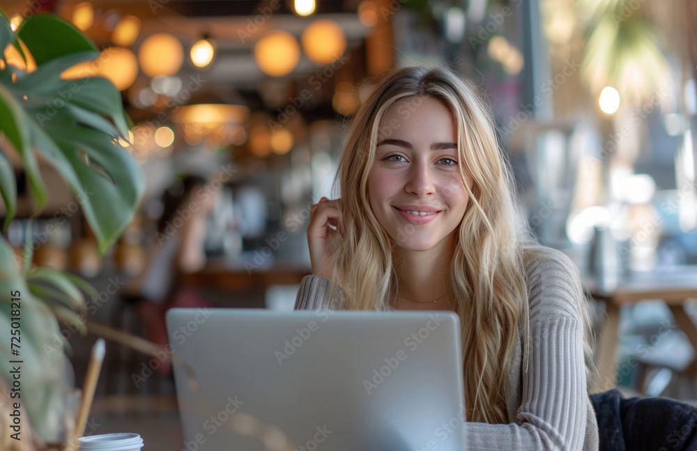 smiling blonde woman using laptop in cafe smiling blonde woman using laptop in cafe