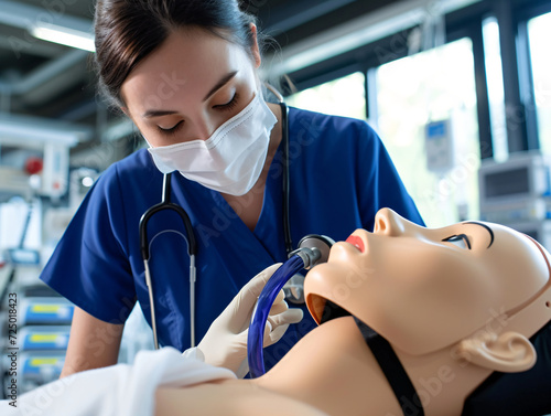 Medical student practicing intubation on a training mannequin in a simulation lab. Healthcare education and emergency medical training concept for academic resources and medical literature photo