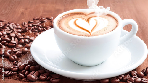 Coffee with foam in the shape of a heart. White coffee cup with hot coffee drink  hot steam