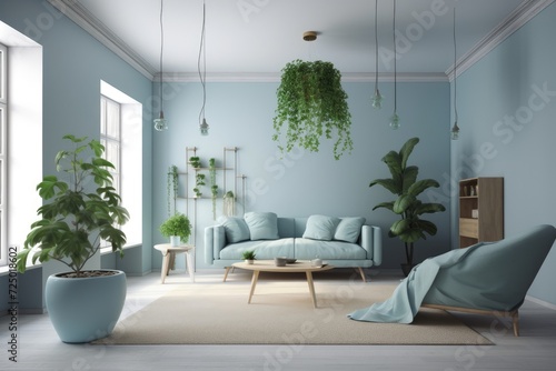 pale blue The living room is furnished with plants  trees  and lighting