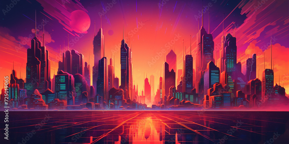 retrowave neon city wide banner with place for text. Technological cyberpunk modern design trendy original Poster, invitation, flyer, banner, email, header, social media post. Generative Ai content - obrazy, fototapety, plakaty 