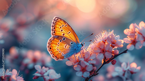 blue yellow butterfly in flight and branch of flowering apricot tree in spring at Sunrise on light blue and violet background macro. 