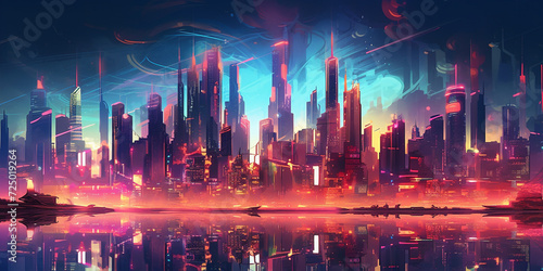 retrowave neon city wide banner with place for text. Technological cyberpunk modern design trendy original Poster, invitation, flyer, banner, email, header, social media post. Generative Ai content © Evgeniy