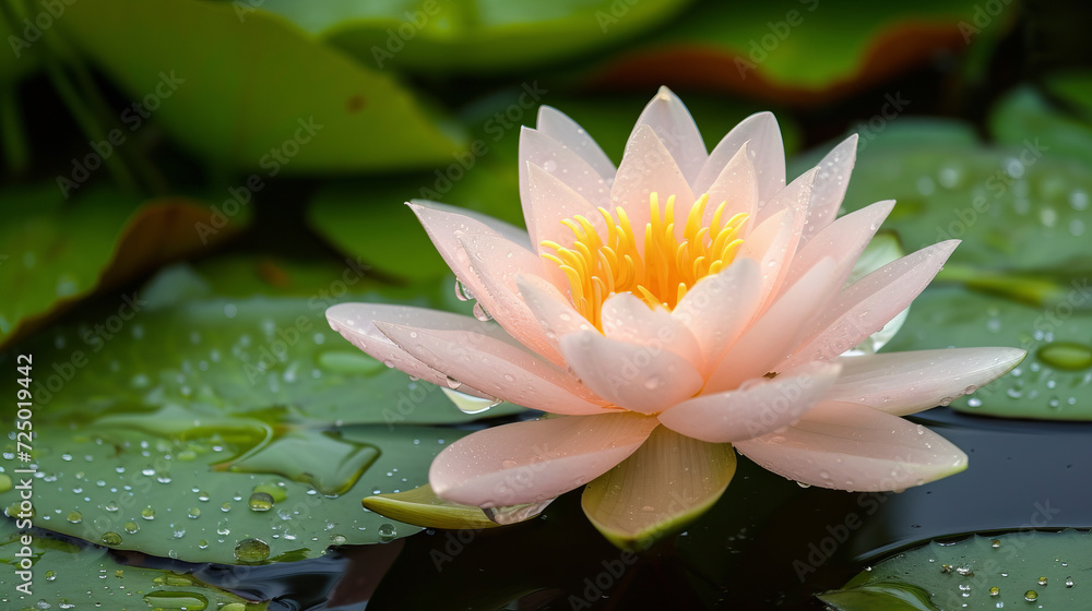 In the rain, a water lily showcases beautiful peach fuzz color tones and offers free copy space In the rain, a water lily showcases beautiful peach fuzz color tones and offers free copy space