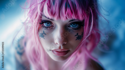Closeup of a woman with pink hair and tattooes in her face