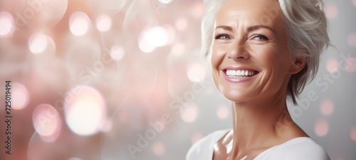 Old woman smiling with perfectly clean teeth after dentist stomatology. Old woman showing teeth while dental smile. copy space.