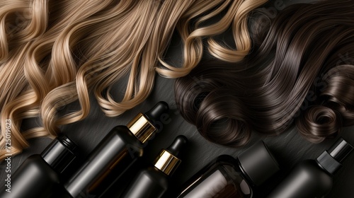 A comprehensive hair care treatment concept showcasing a variety of products including hydrating masks, nourishing shampoos, smoothing conditioners, potent hair serums, and organic oils photo