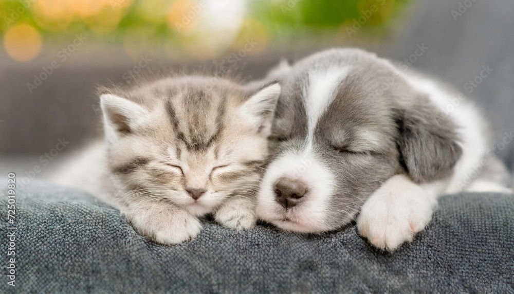 Kitten and puppy sleeping cuddled together on the sofa, close up