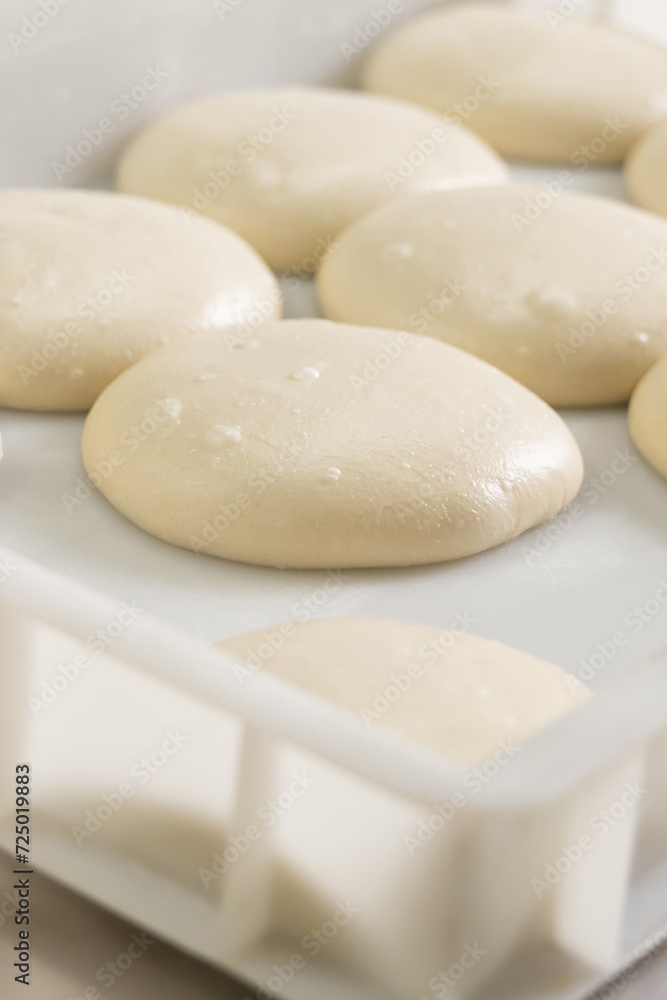 Close up of round dough pieces for pizza preparation Close up of round dough pieces for pizza preparation