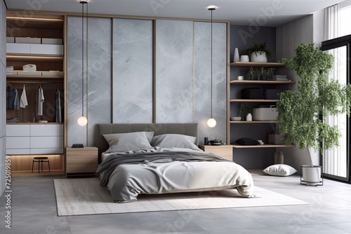 Bedroom for young people with ceramic tile floors, built in closet with sliding doors, and gray quilt on the bed