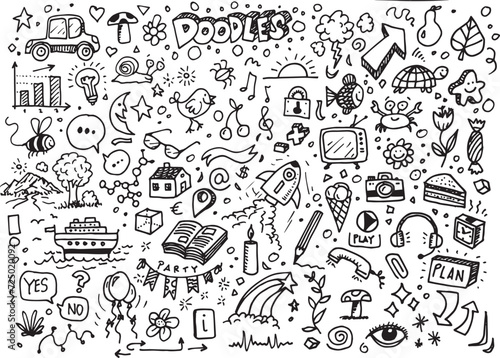 Vector illustration doodles set, hand drawn different sketch elements
