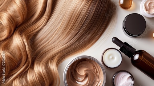 A comprehensive hair care treatment concept showcasing a variety of products including hydrating masks, nourishing shampoos, smoothing conditioners, potent hair serums, and organic oils photo