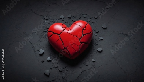 broken bright red heart in black background for design