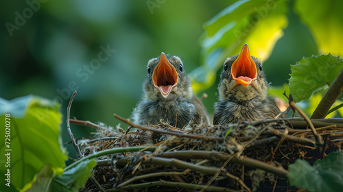 Young birds in nest with open mouth