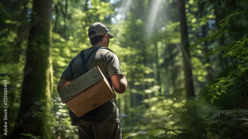 Fototapeta premium A courier holding a parcel box in a lush green forest, with sunlight filtering through the trees