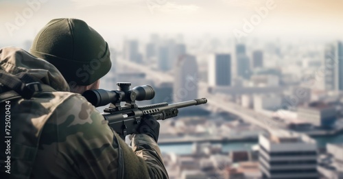 Sniper in hidden vantage point over a battle-scarred city, a blend of solitude and strategy in warfare