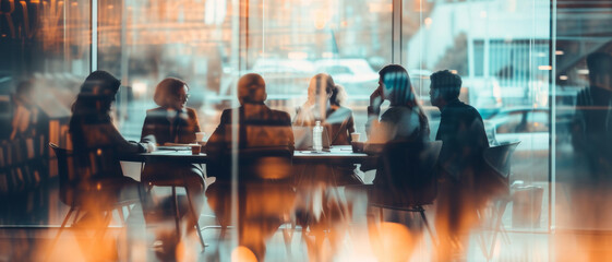 Business team in a lively discussion, seen through a warm, sun-kissed cafe window