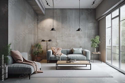 Modern living room with warm interior design and texture of concrete wall