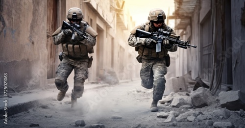 Two soldiers advancing through a war-torn city street, embodying stealth and vigilance in urban warfare."