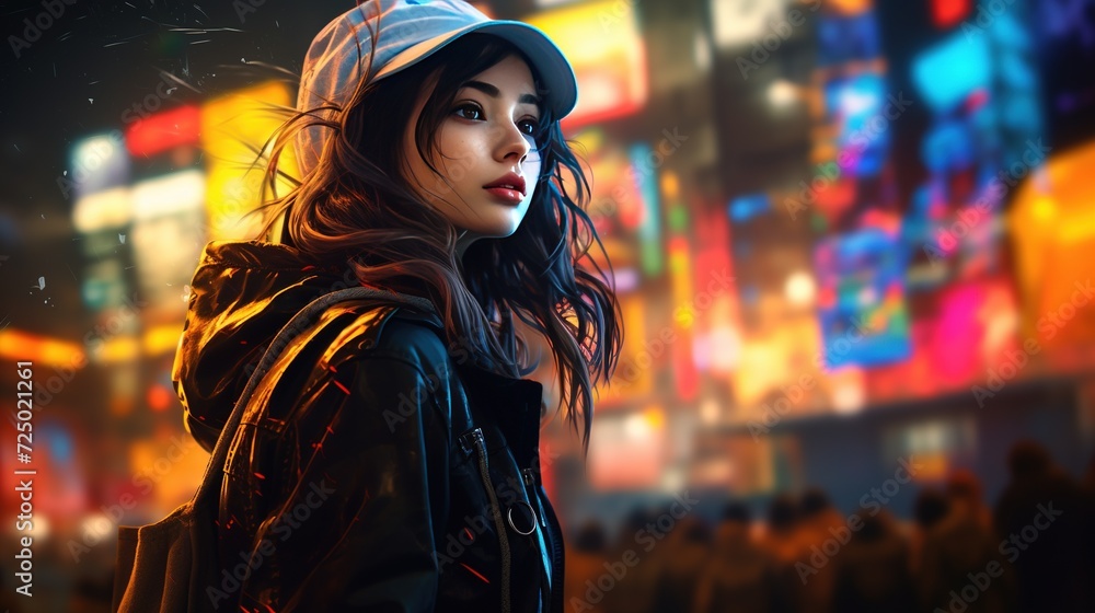 A modern street fashion, surrounded by vibrant city lights A modern street fashion, surrounded by vibrant city lights