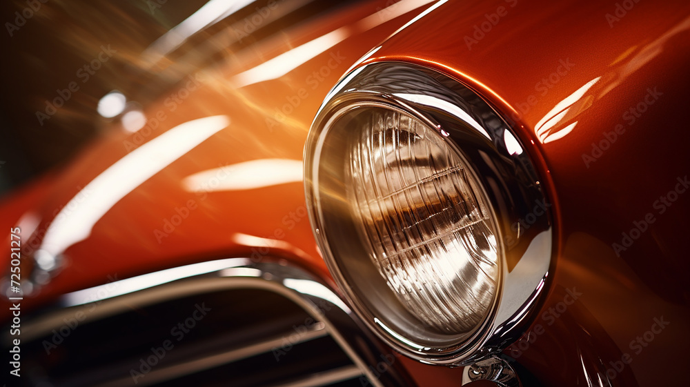 Close-up of headlights of a red vintage car. Exhibition
