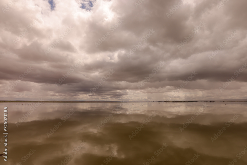 dramatic clouds are reflected in the water surface of a lake in Amboseli NP