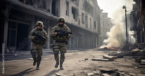 Two soldiers navigating a war-torn city, showcasing intensity and teamwork in urban warfare