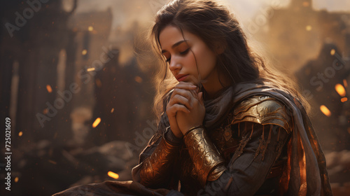 A beautiful female warrior princess, prays for an upcoming battle a true prayer warrior photo